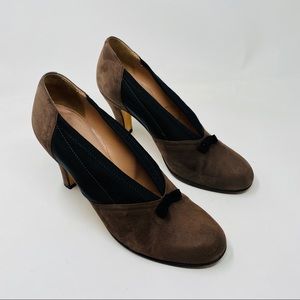 Anyi Lu Cookie Suede Heels Pumps Brown Black Bow 38 Size 8